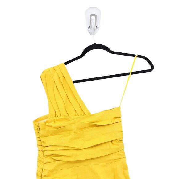 ALC Women 0 Apollo Dress Yellow Mini One Shoulder Linen Twisted Ruched Boned NEW - Picture 7 of 7